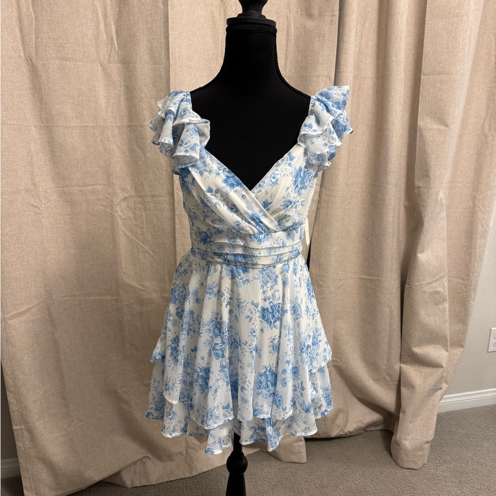 Floral Ruffle Sleeve Dress in Blue and White